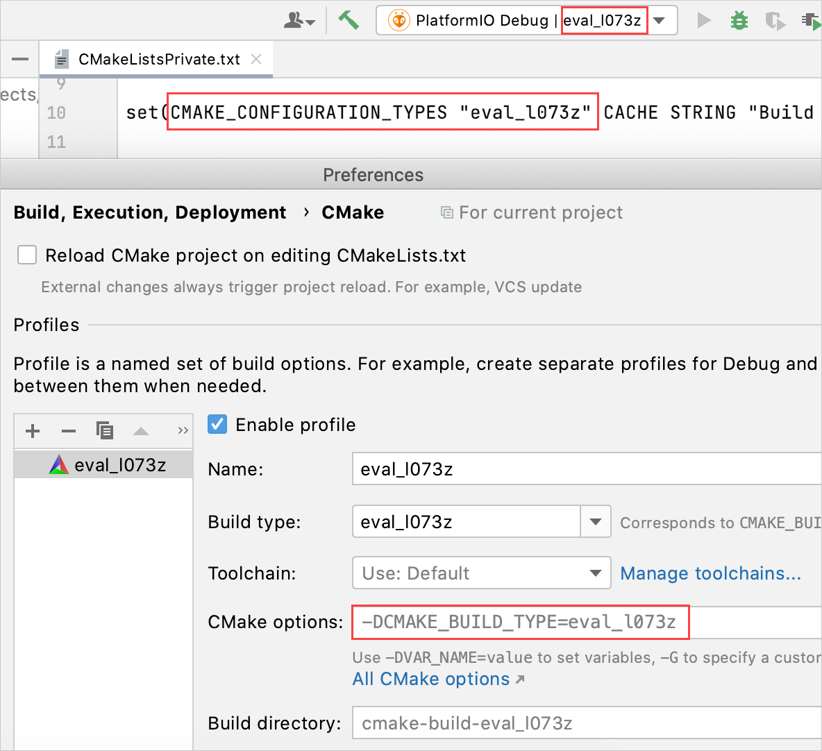 CMake profile for a PlatformIO project