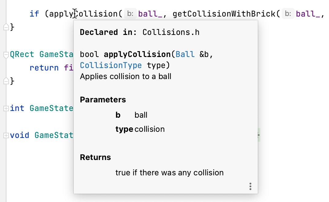 Function signature details with Doxygen comments