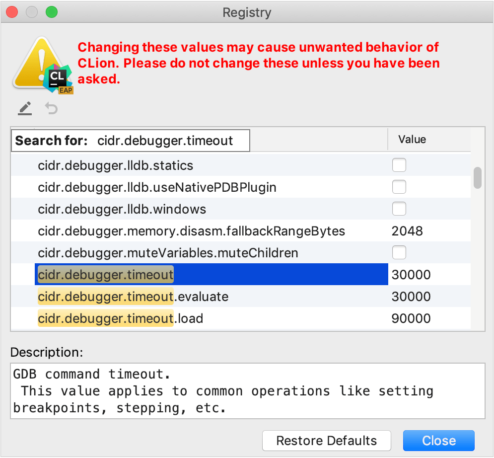 registry keys for GDB timeouts