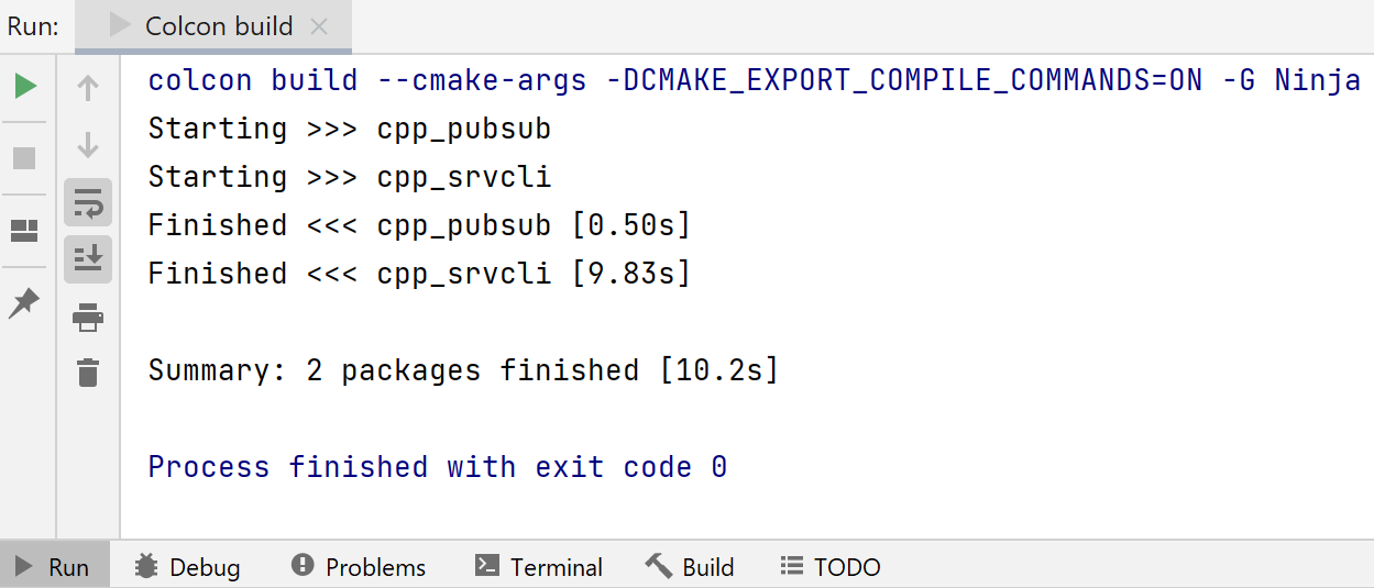 Results of colcon build using an external tool