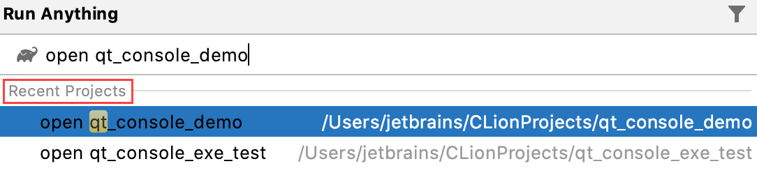 Opening a recent project from the Run Anything popup