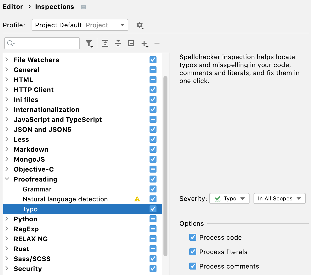 The Typo inspection settings