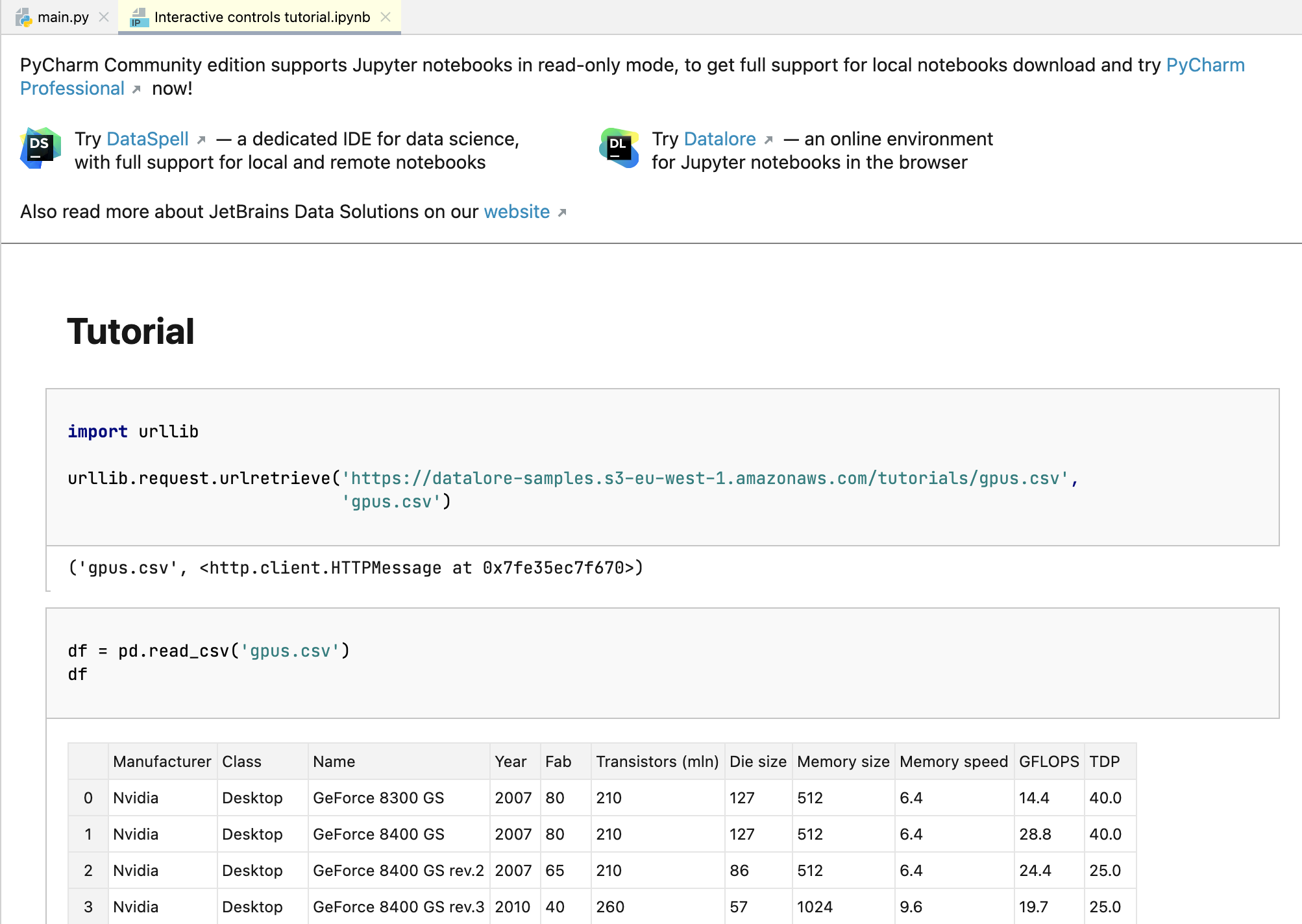 Notebook in PyCharm Community preview window