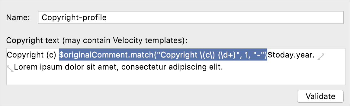 Copyright template in settings