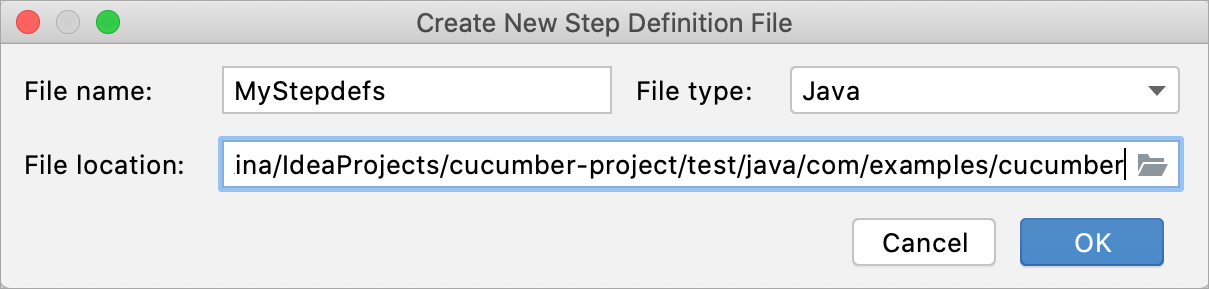 Creating a new file for step definitions
