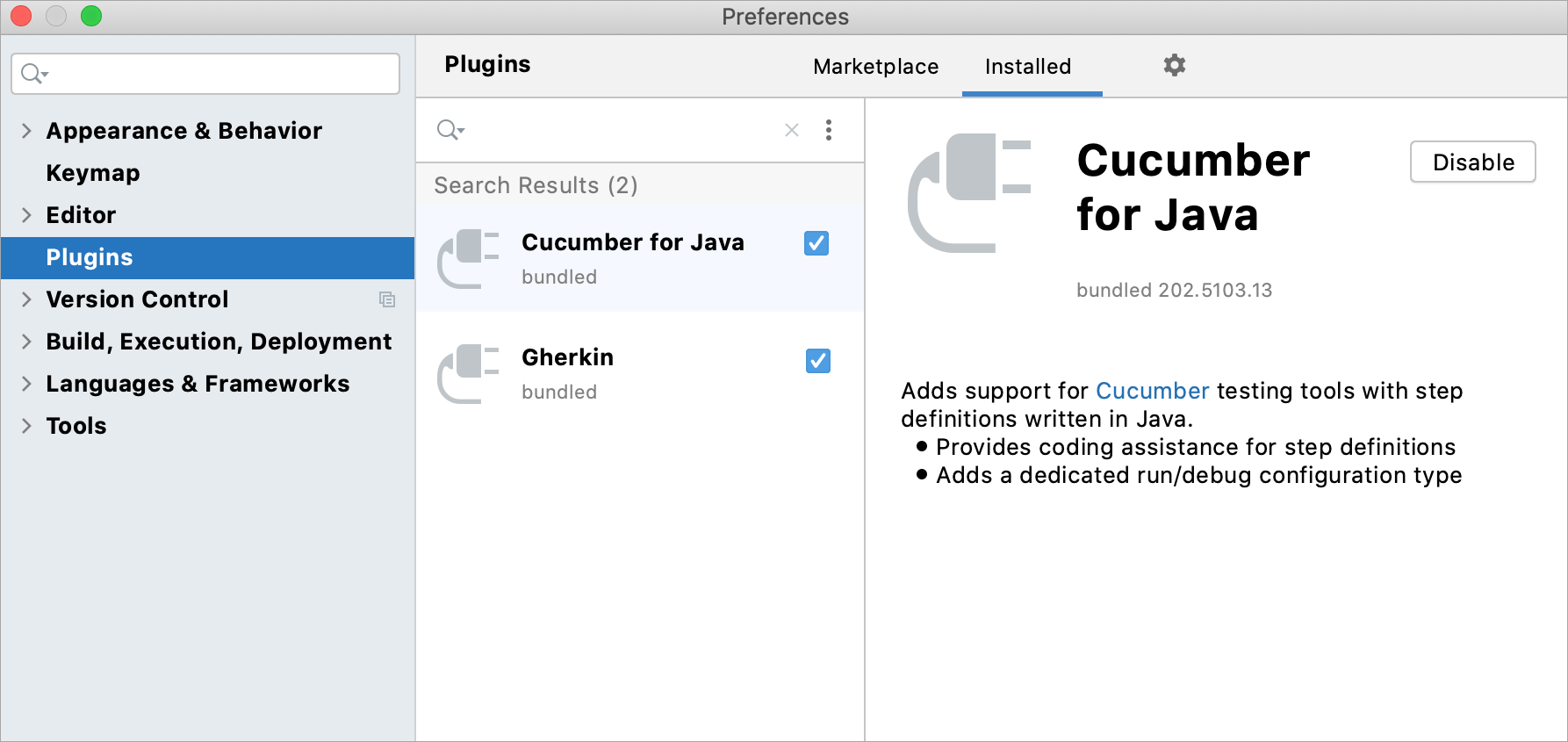 Enabling the Cucumber plugin in the settings