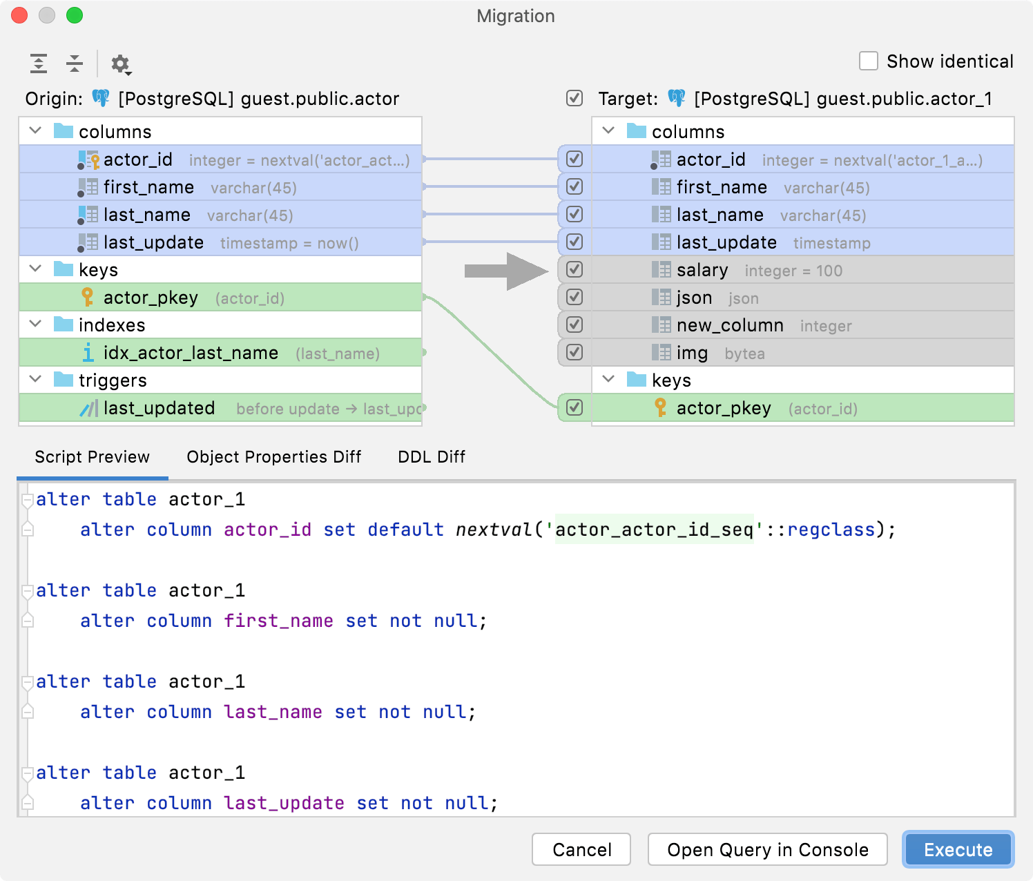 Compare table structures