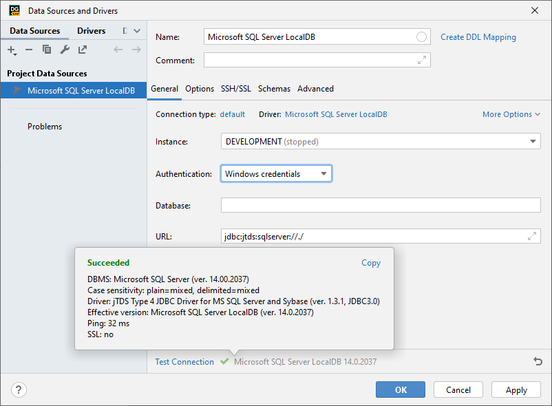 Create the LocalDB connection