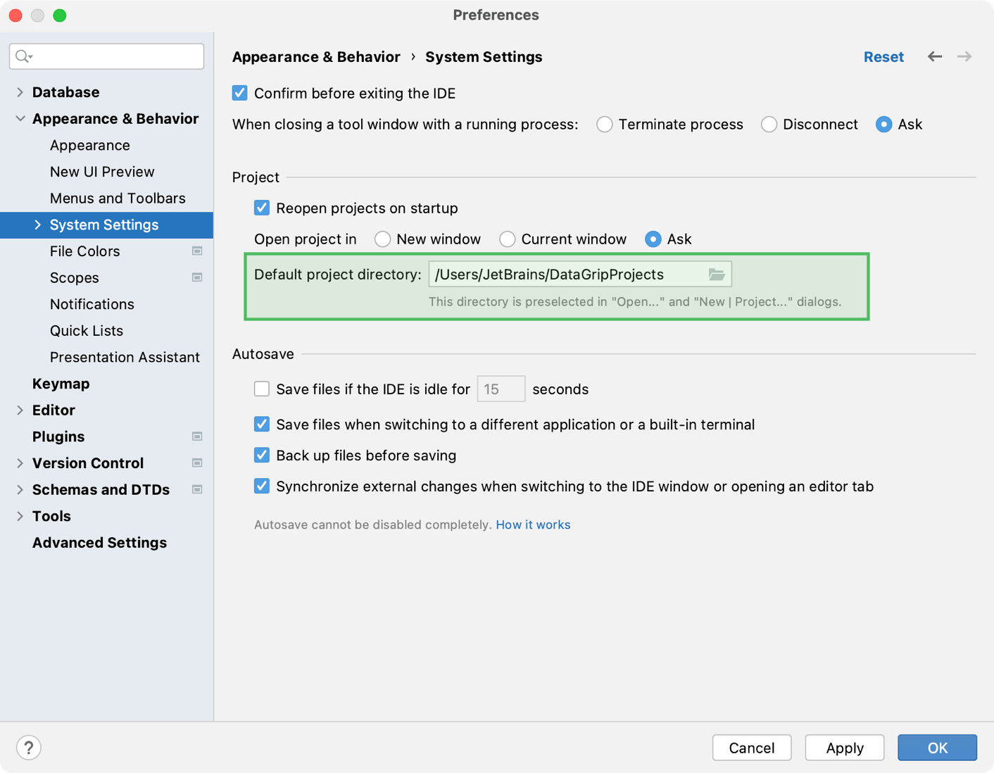 Changing the default location for projects