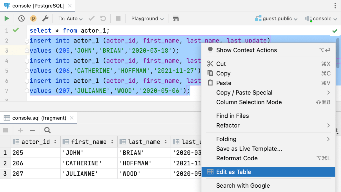 Edit data in INSERT statements as a table