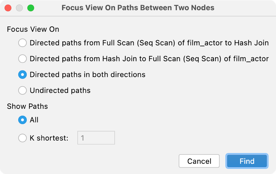 The Focus on Paths between Two Nodes dialog