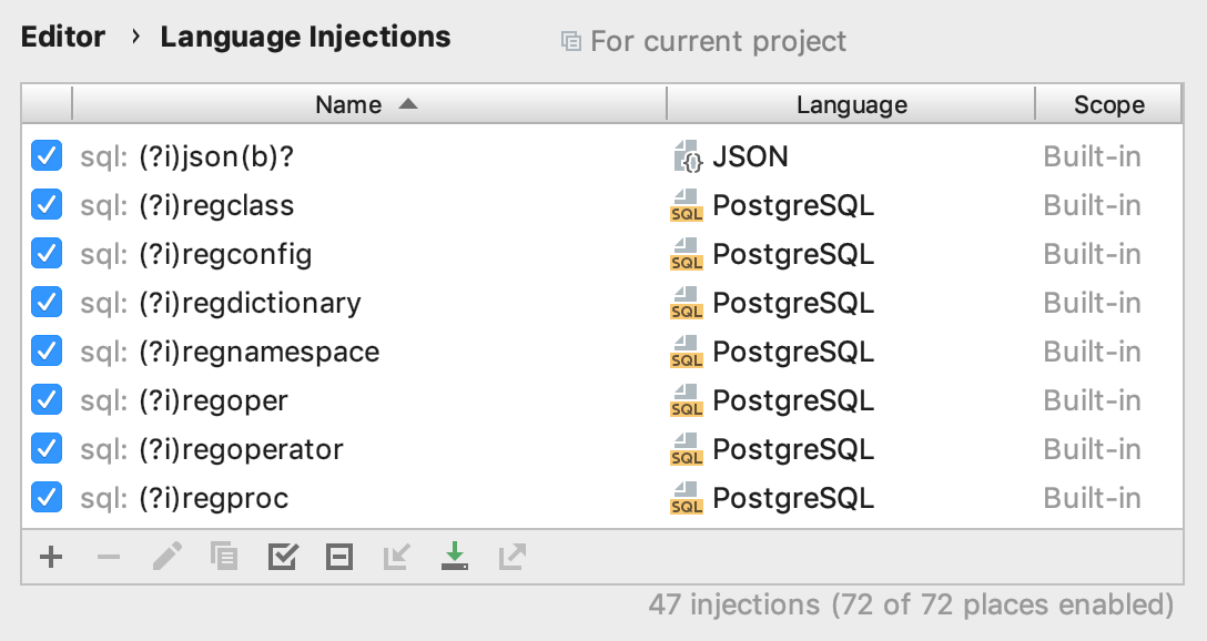 Language injections settings