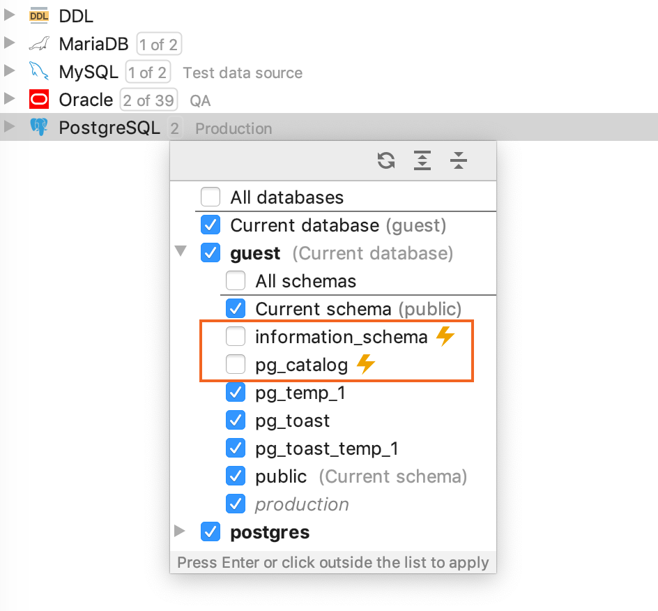 Show objects from system catalogs in coding assistance