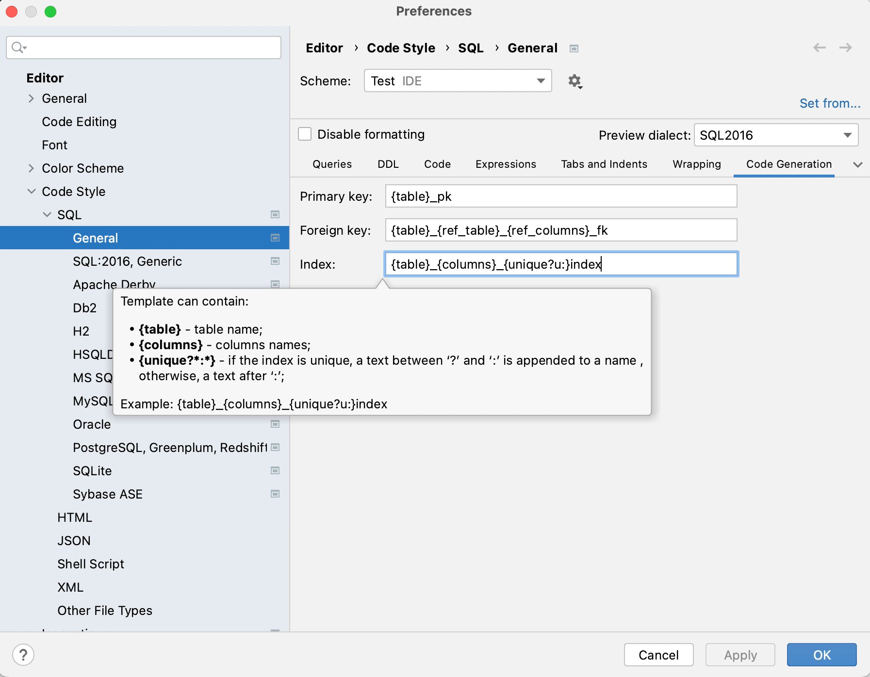 Modify templates
         for generated index and key names