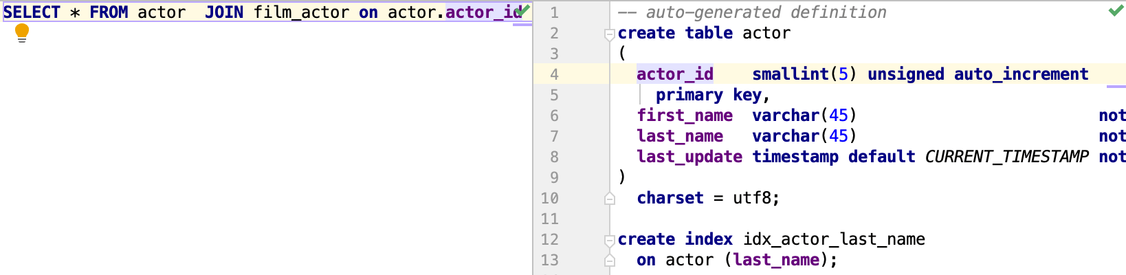 Open a definition in the DDL editor