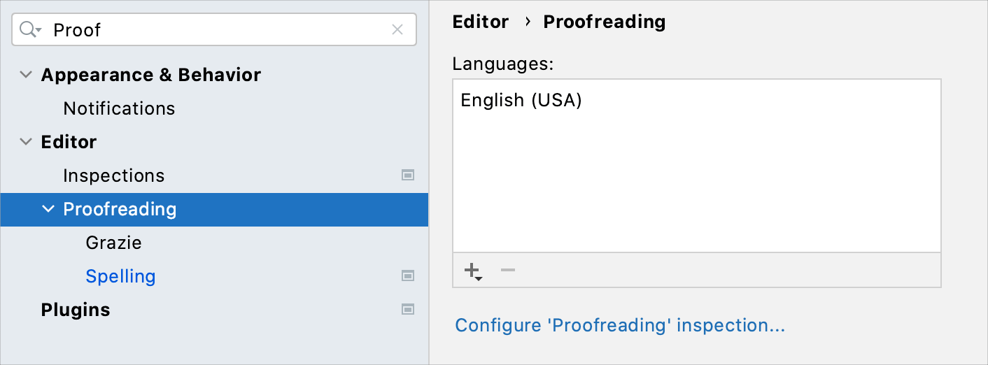 proofreading section in settings
