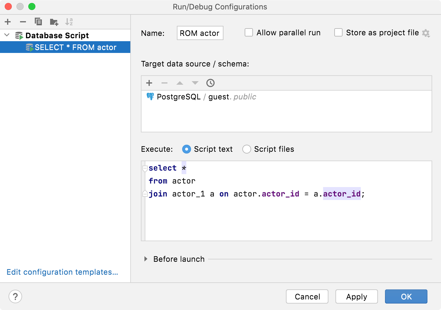 Run/Debug Configuration for database scripts