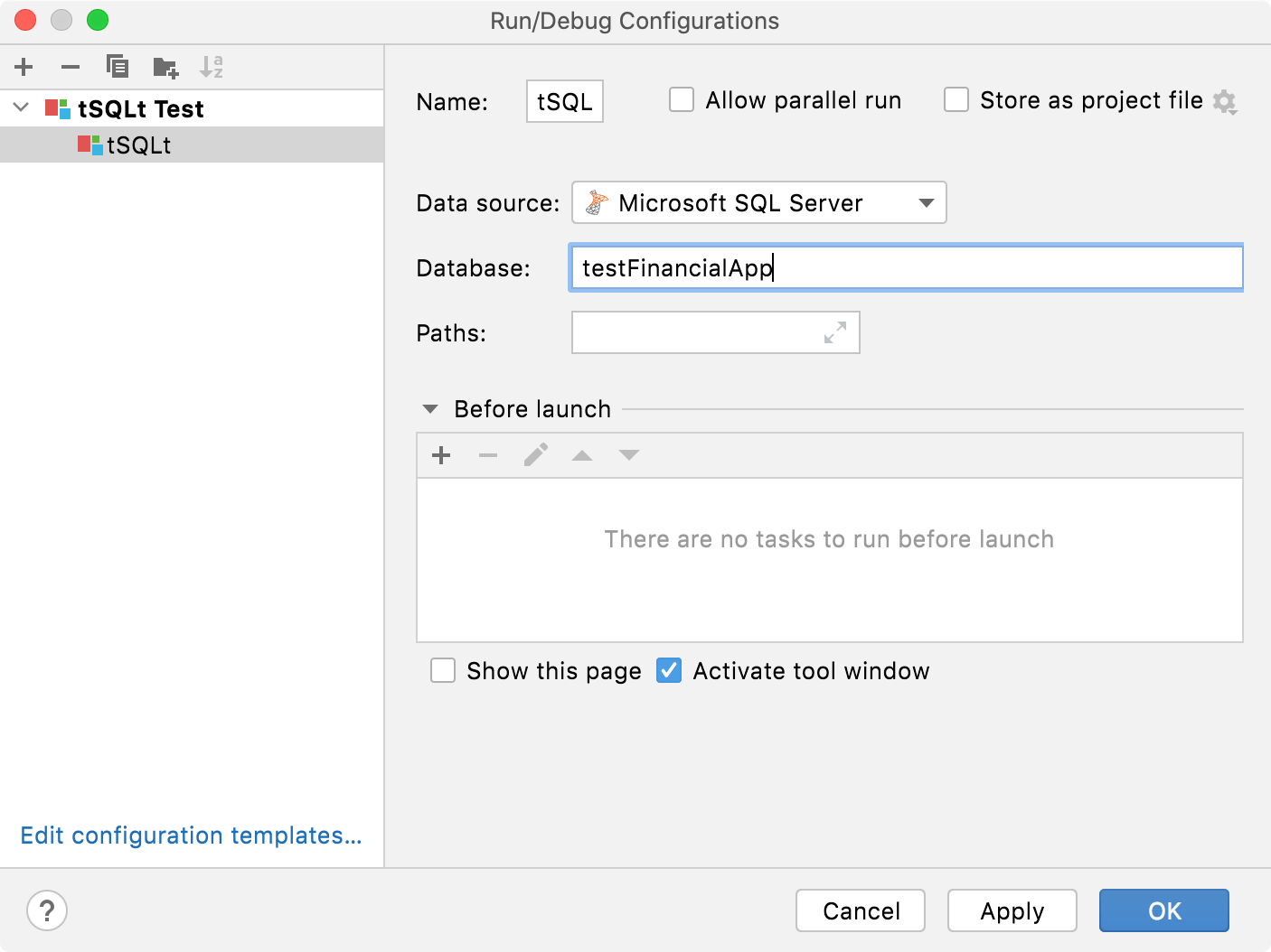 Run/Debug Configuration for tSQLt tests