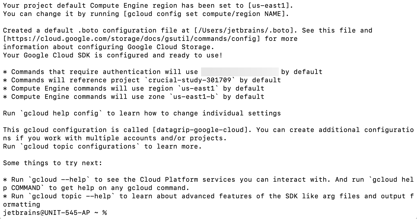 Run gcloud init to initialize the SDK: