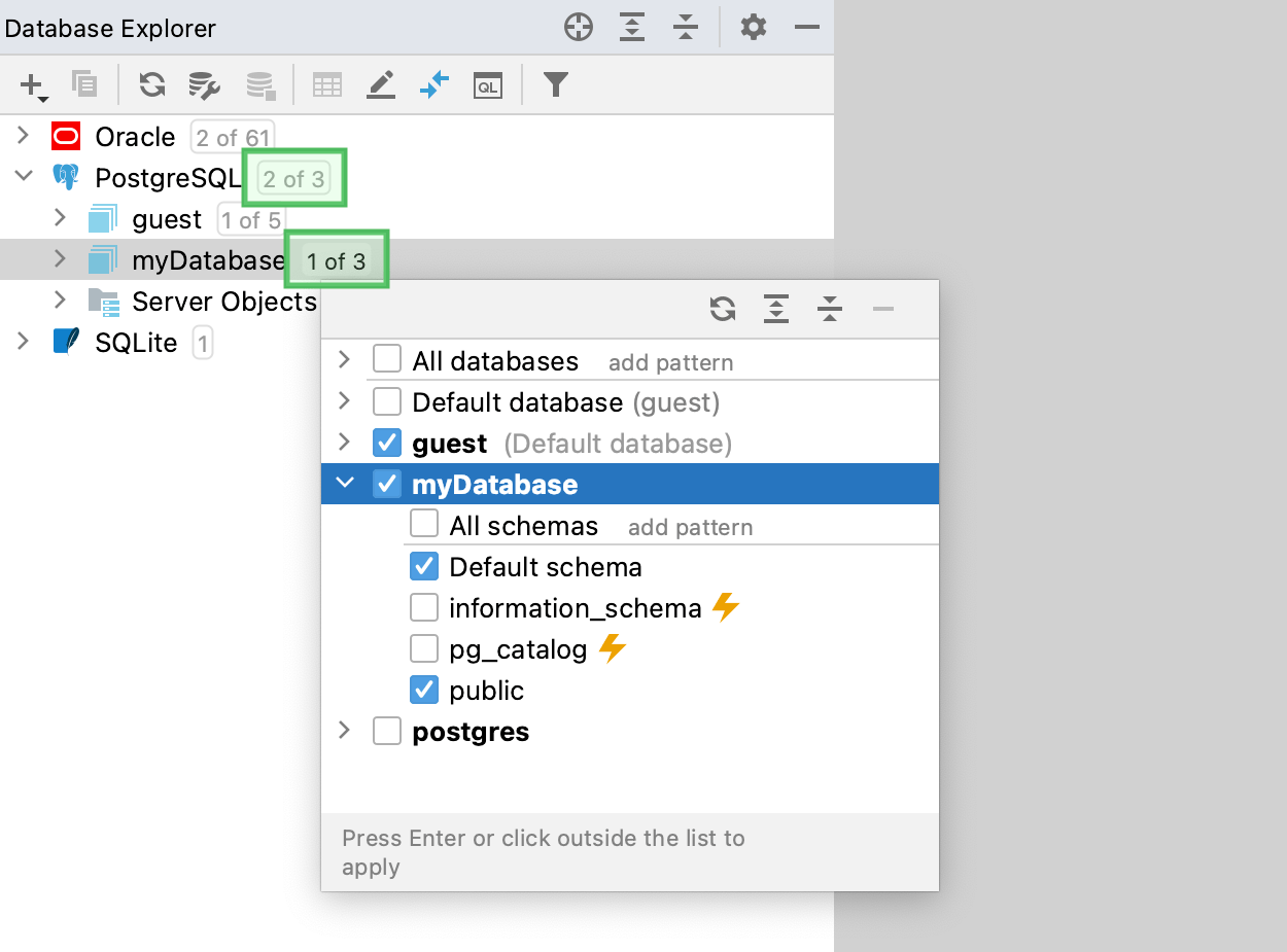 Show and hide schemas and databases