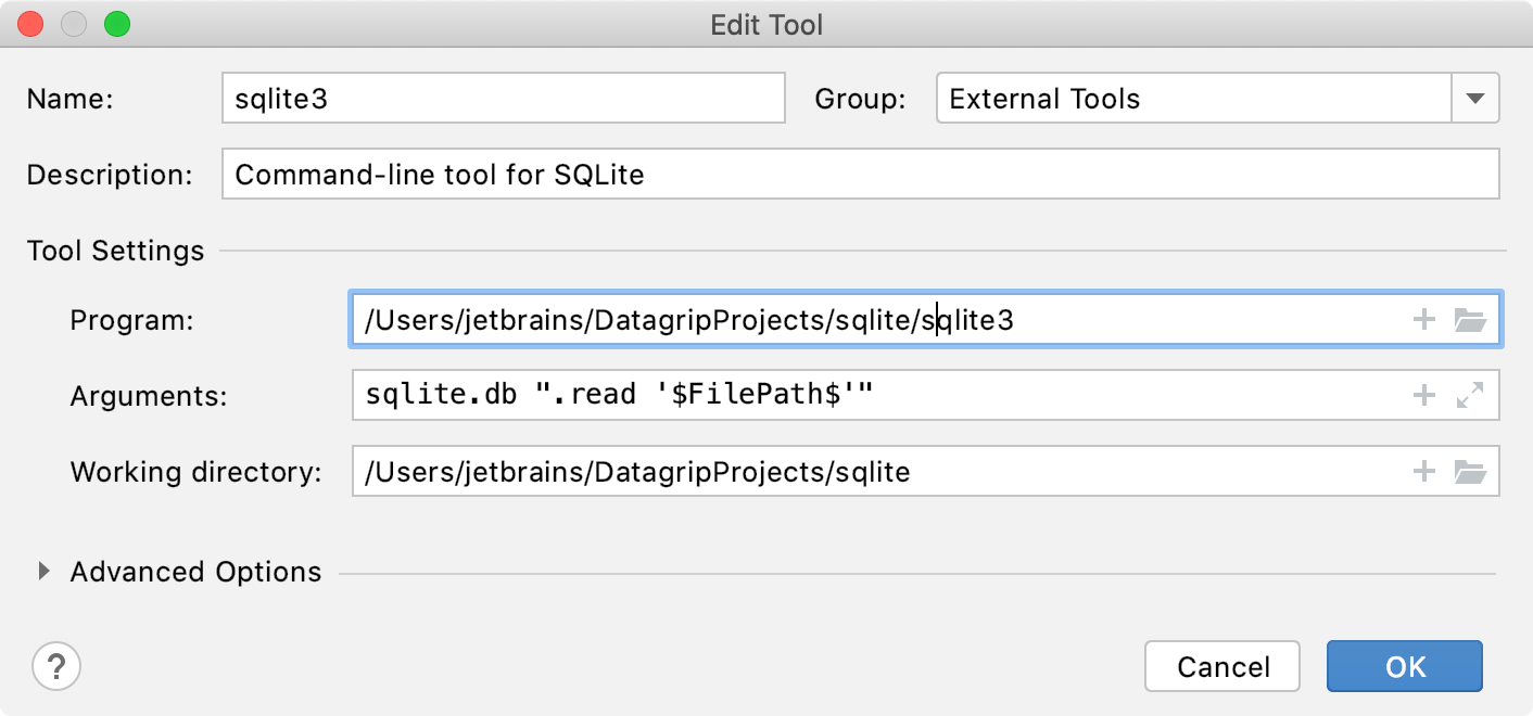sqlite3 external tool configuration
