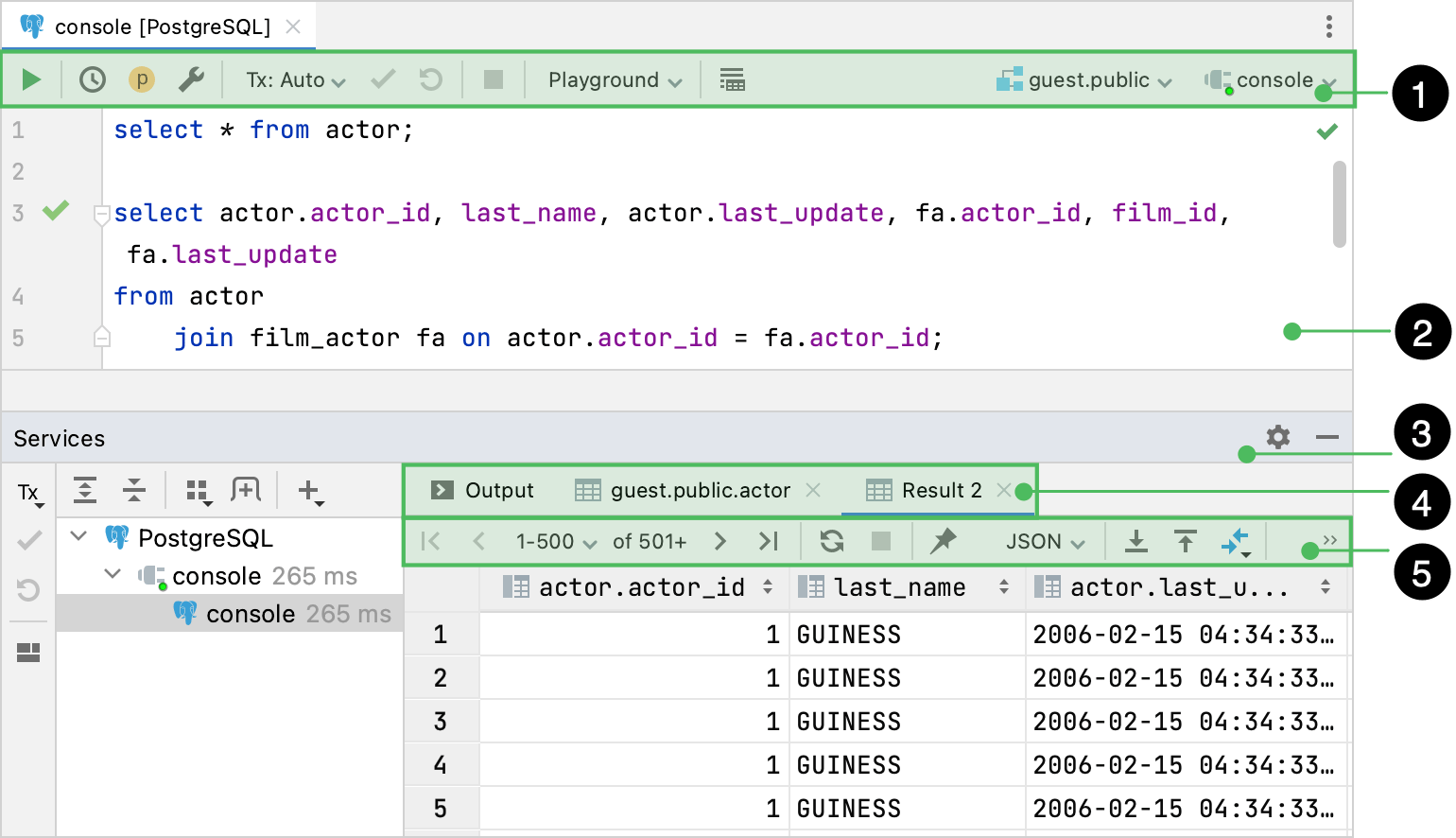 Query console with an active Result tab of Services tool window