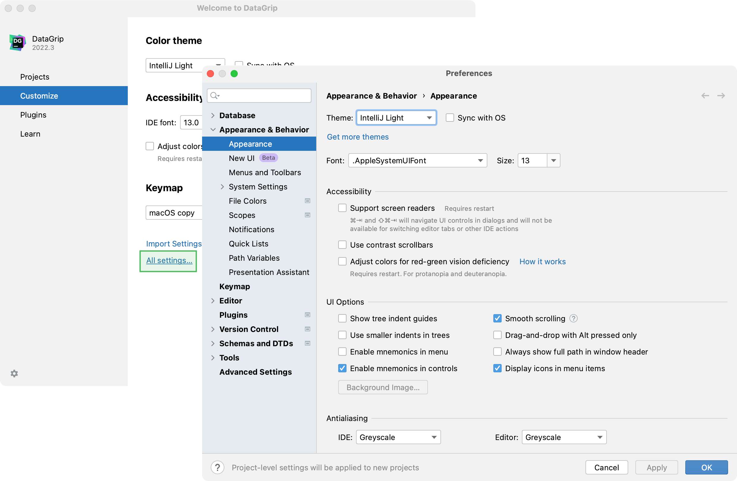 Configuring new default settings for projects