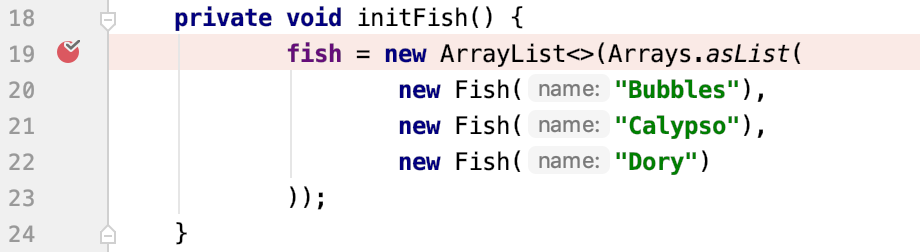 Breakpoint in the initFish method