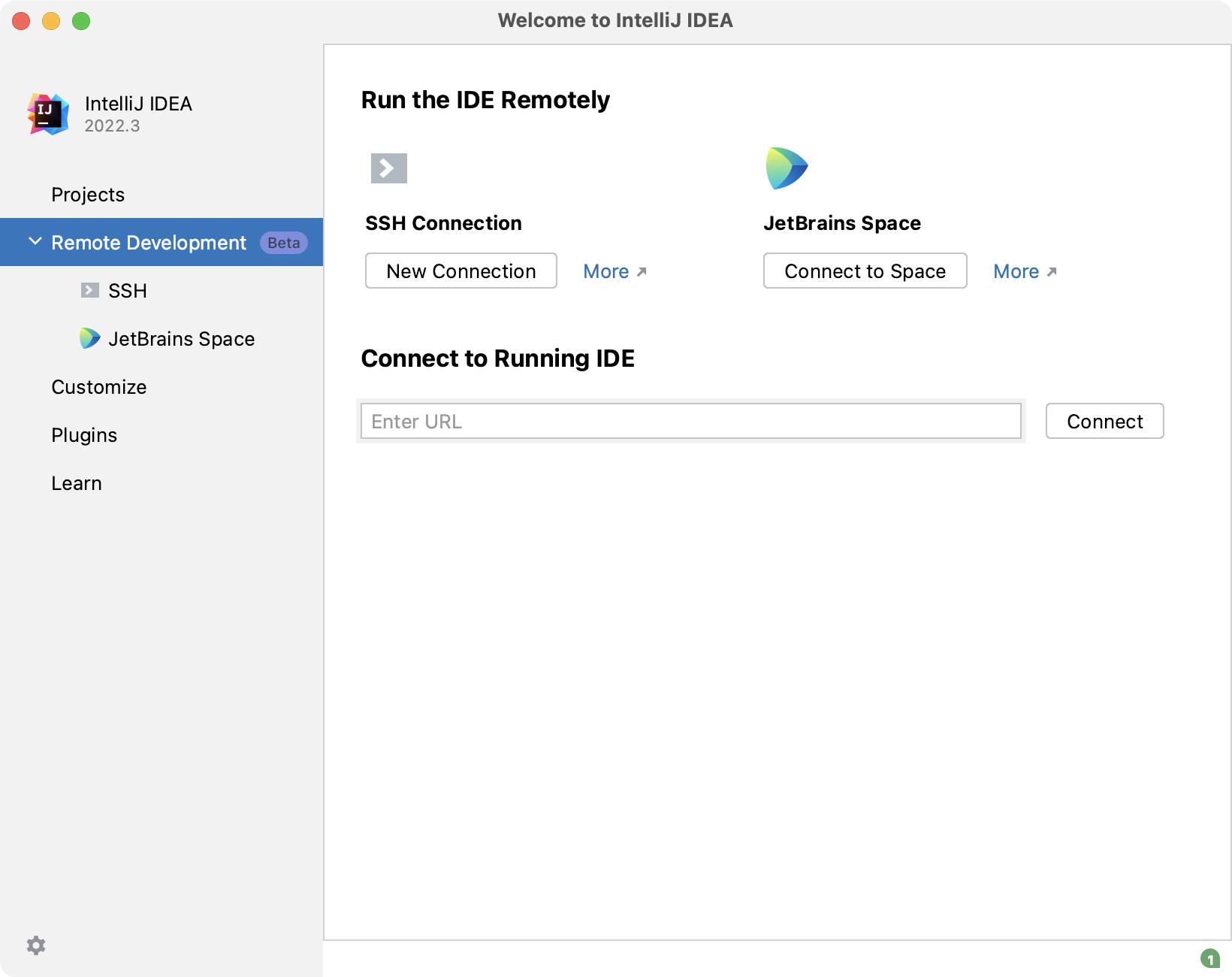 Configuring remote development settings on Welcome screen