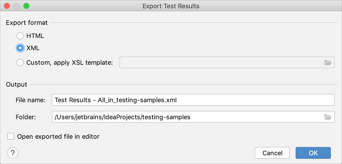 Exporting test results to a file