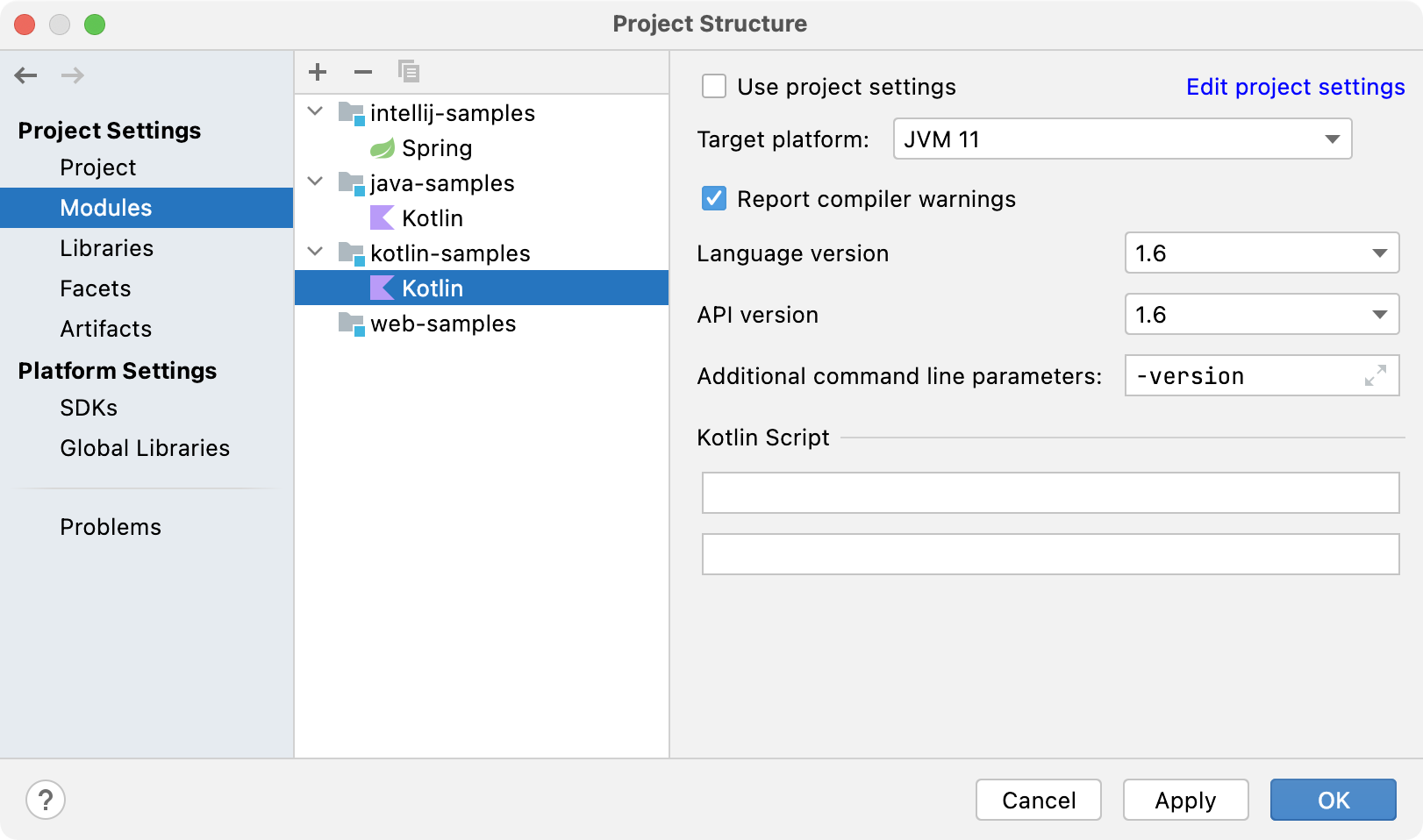 Facets configured for modules in Project Structure dialog