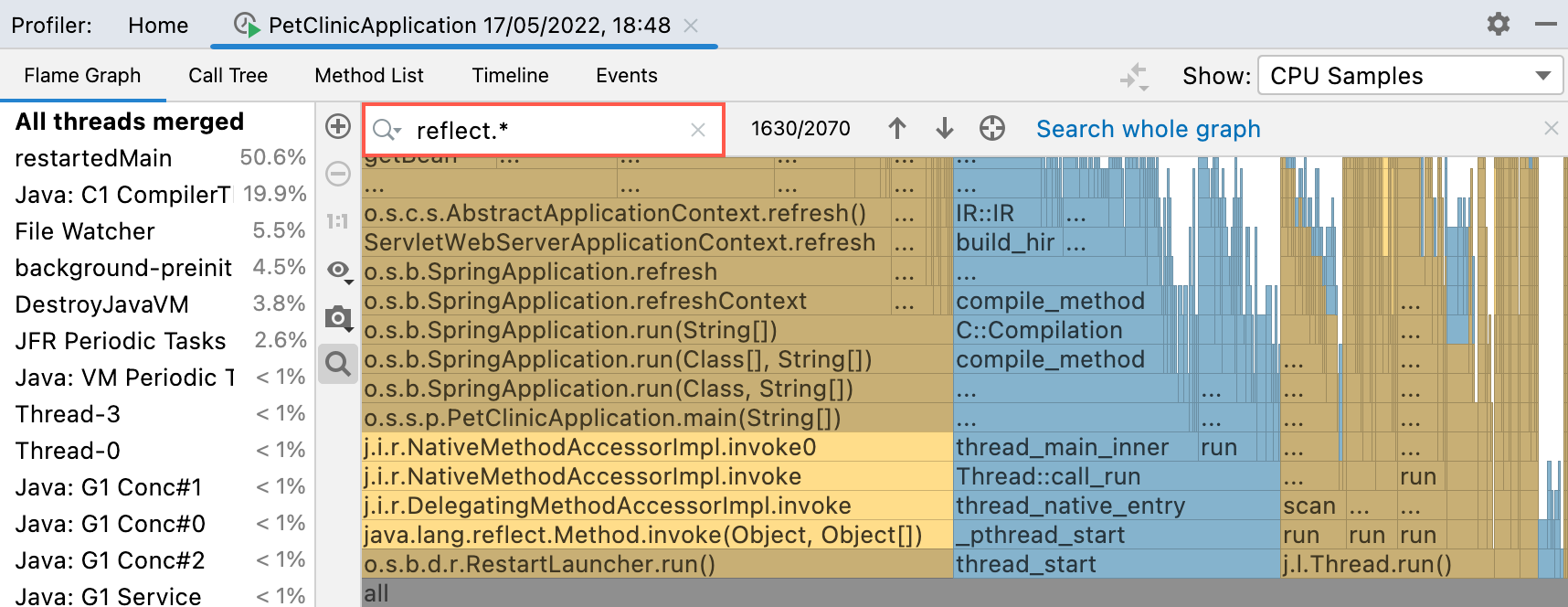 Using the search in the Flame Graph tab