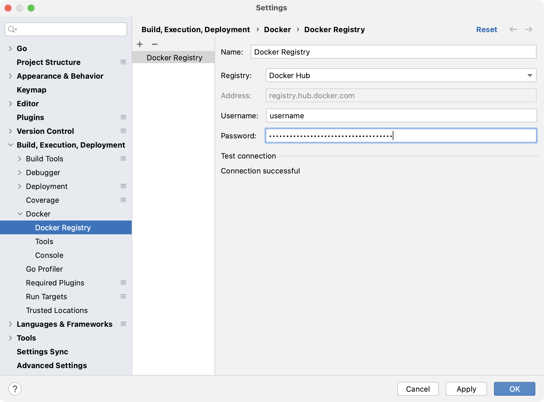 The Docker Registry dialog