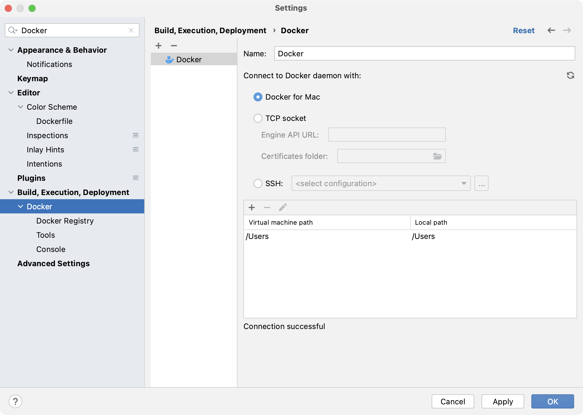 The Docker connection settings