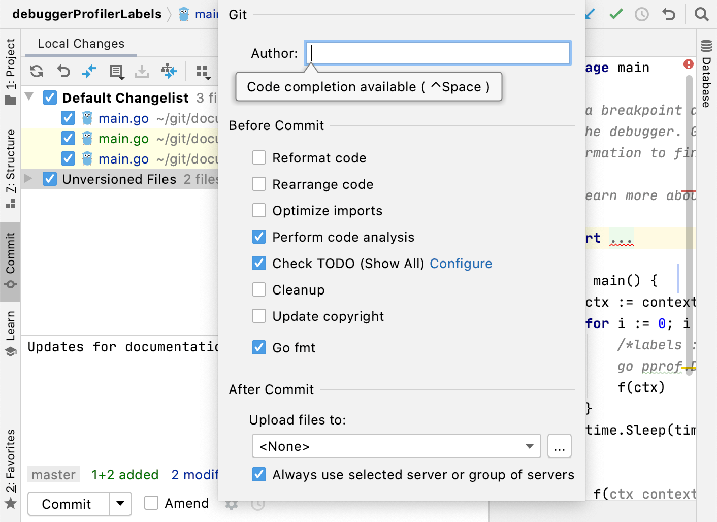 advanced commit options popup