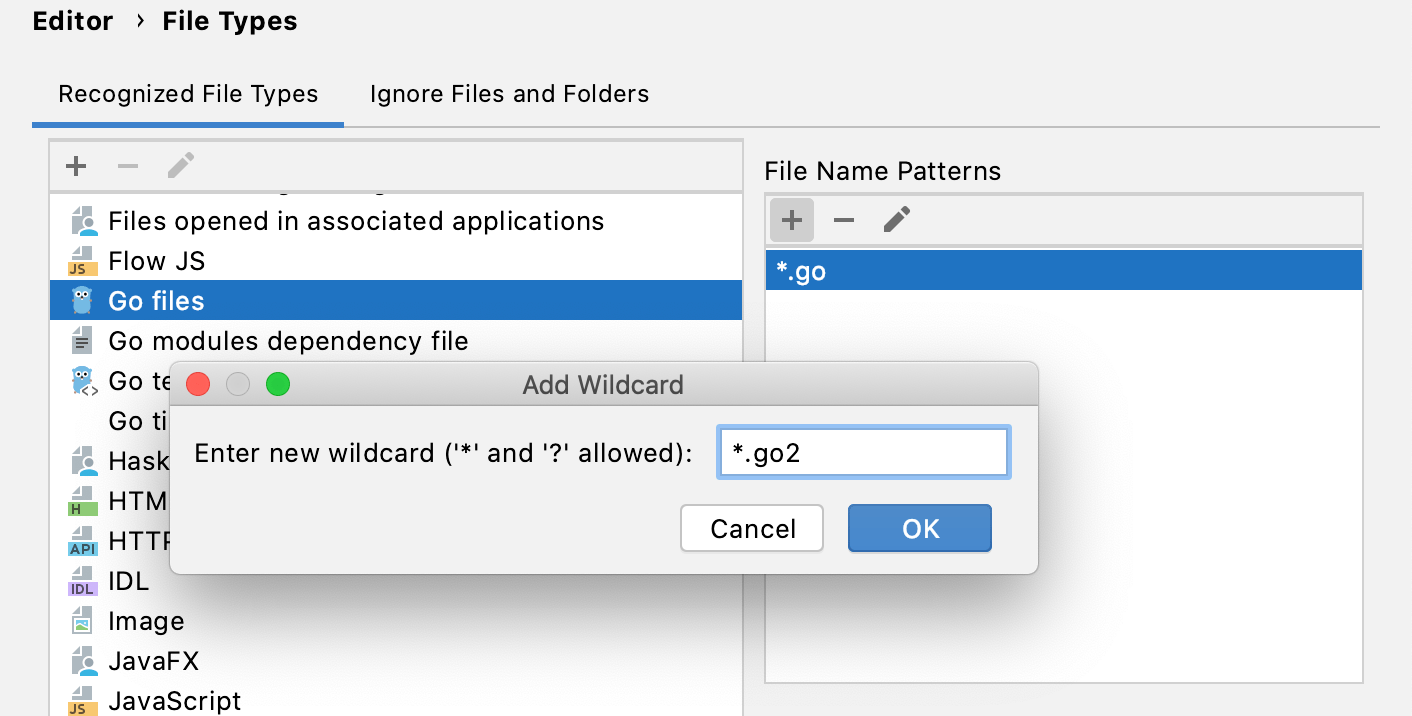 GoLand: Change association between file type and related filename patterns