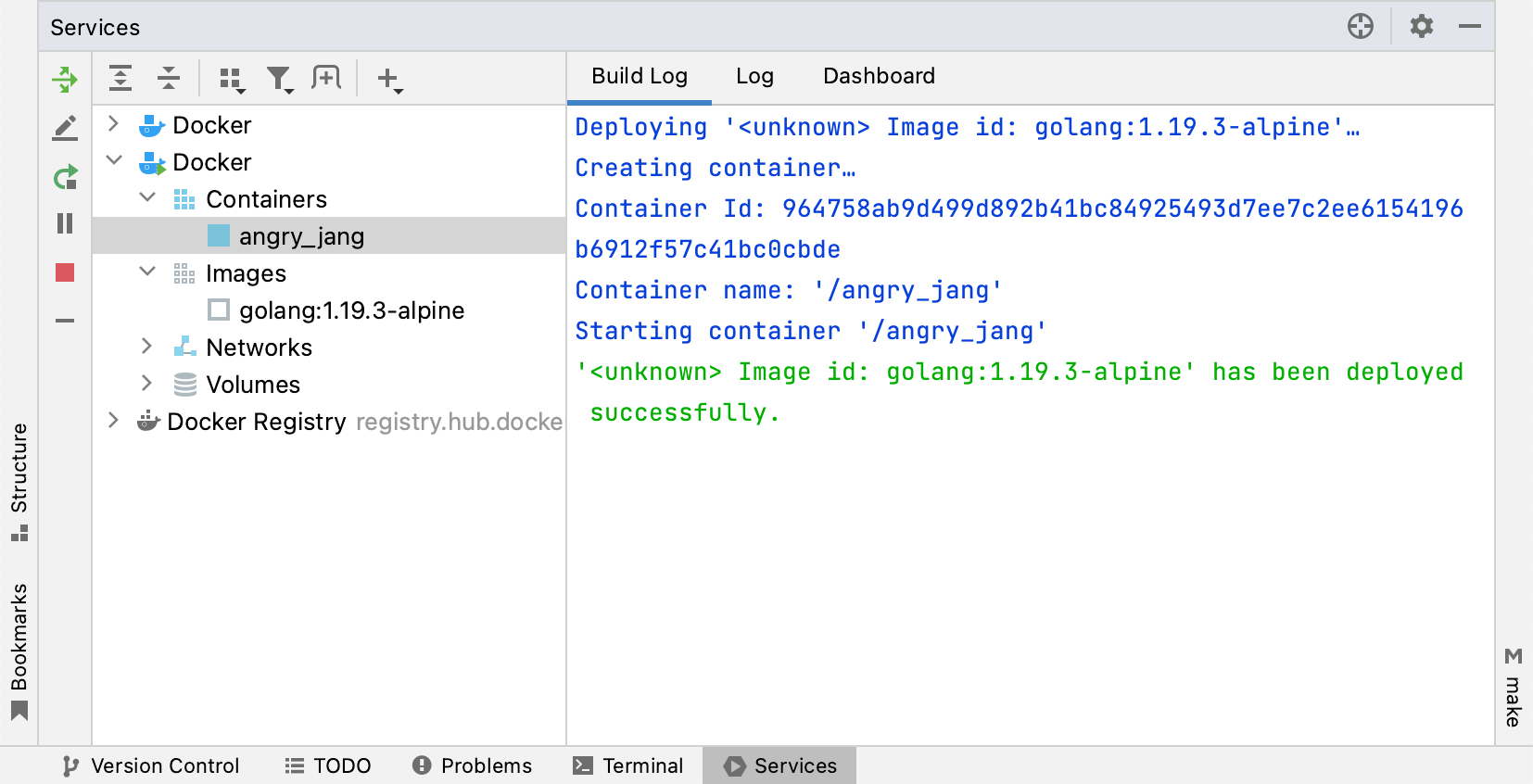 The Build Log tab of a container selected in the Services tool window