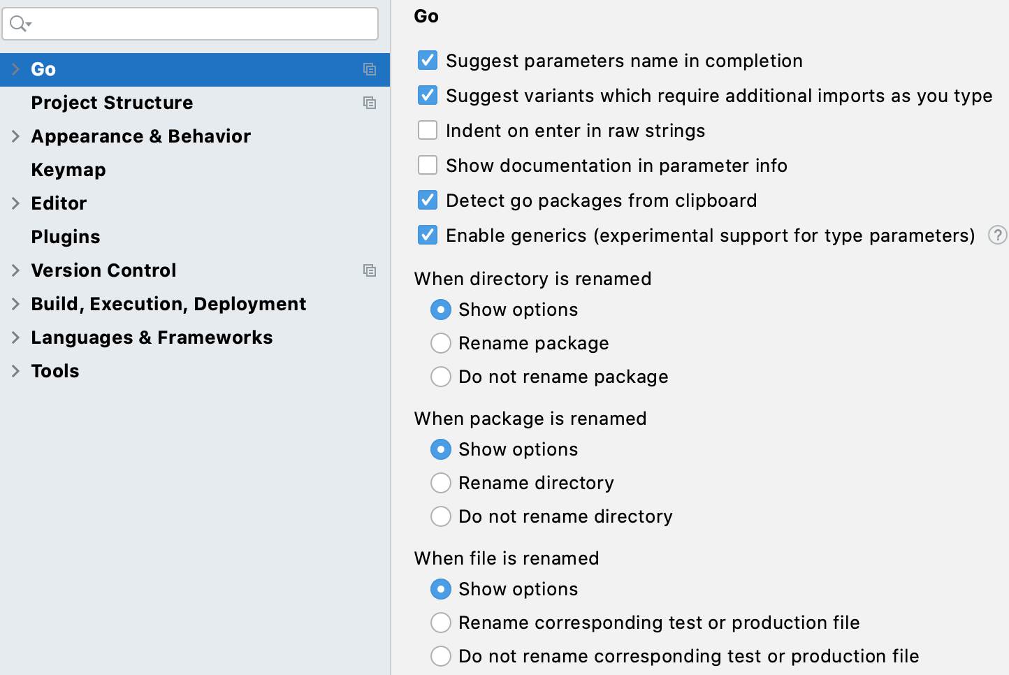 General settings for go