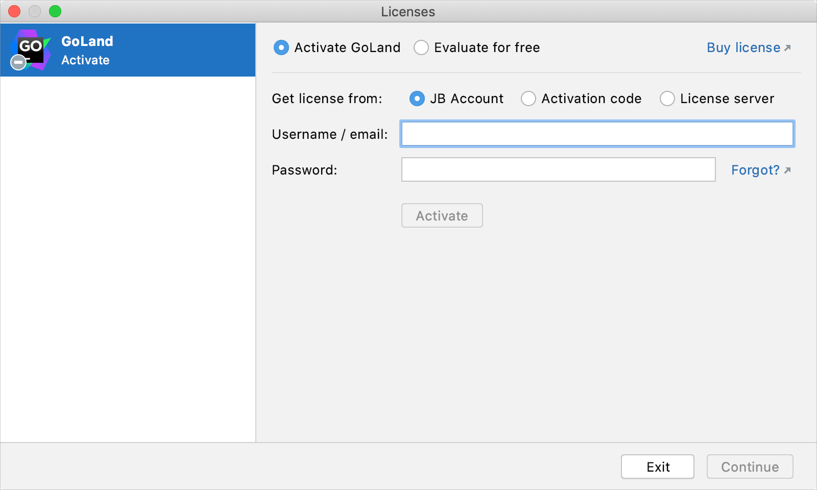 The License Activation dialog