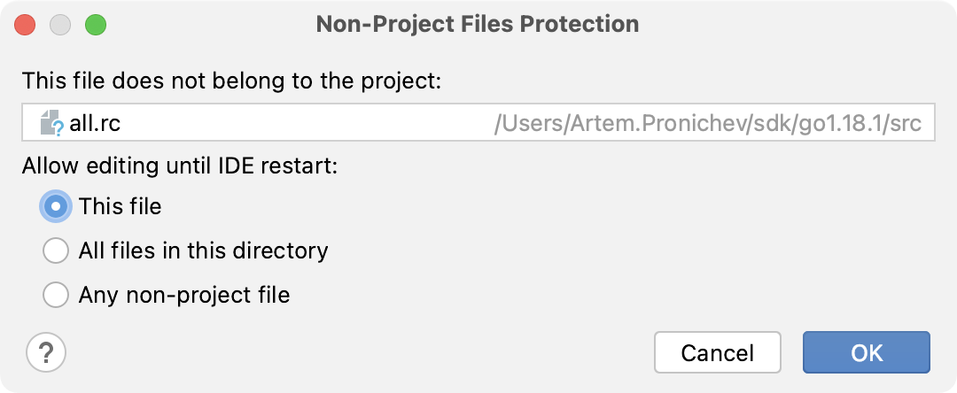 Non-Project Files Protection dialog