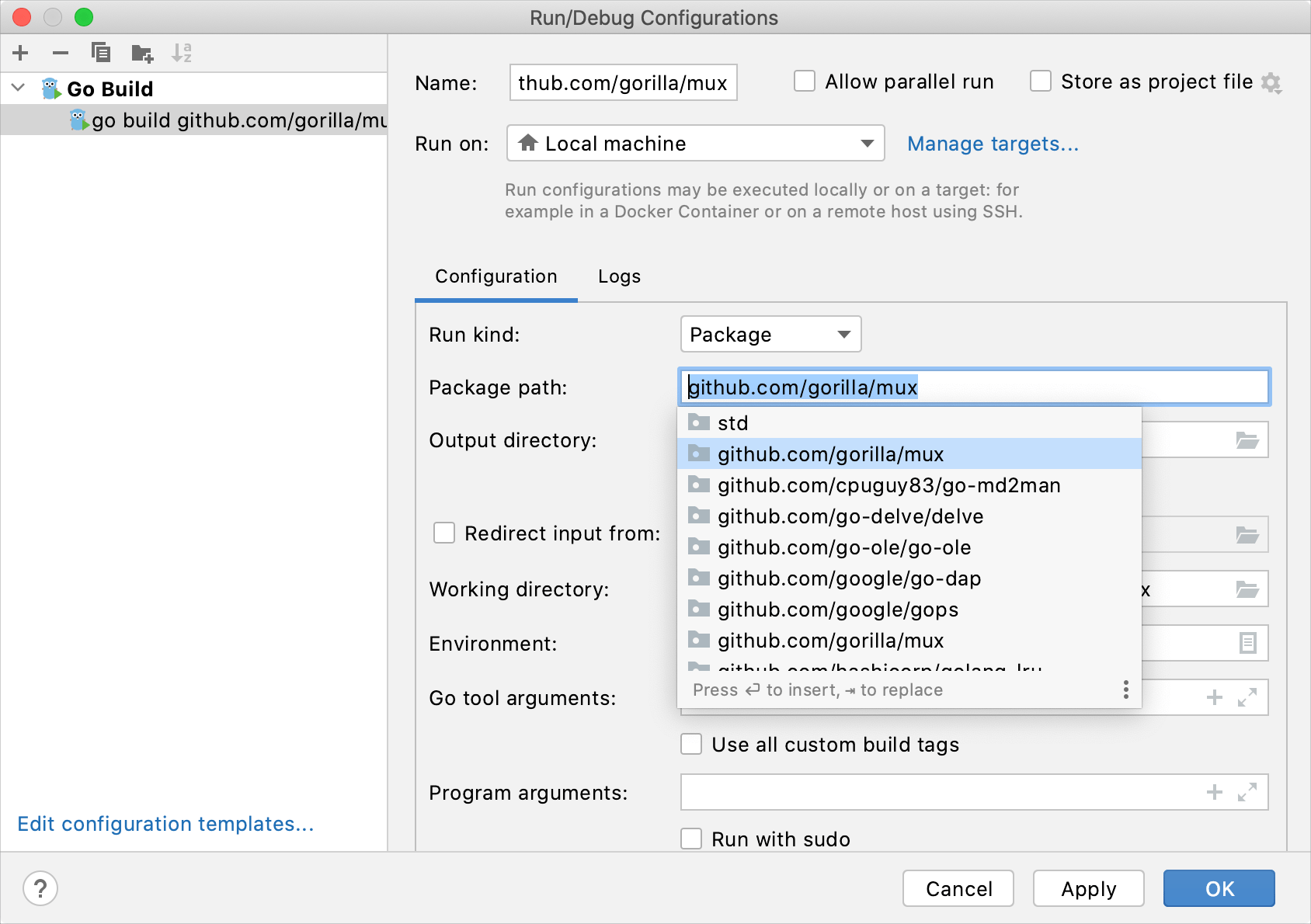 Autocompletion for the Package path field