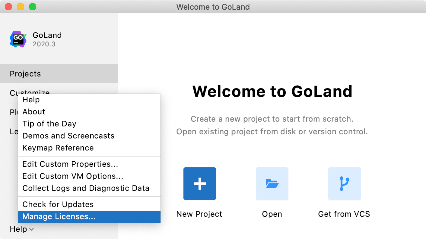 GoLand: Licenses dialog