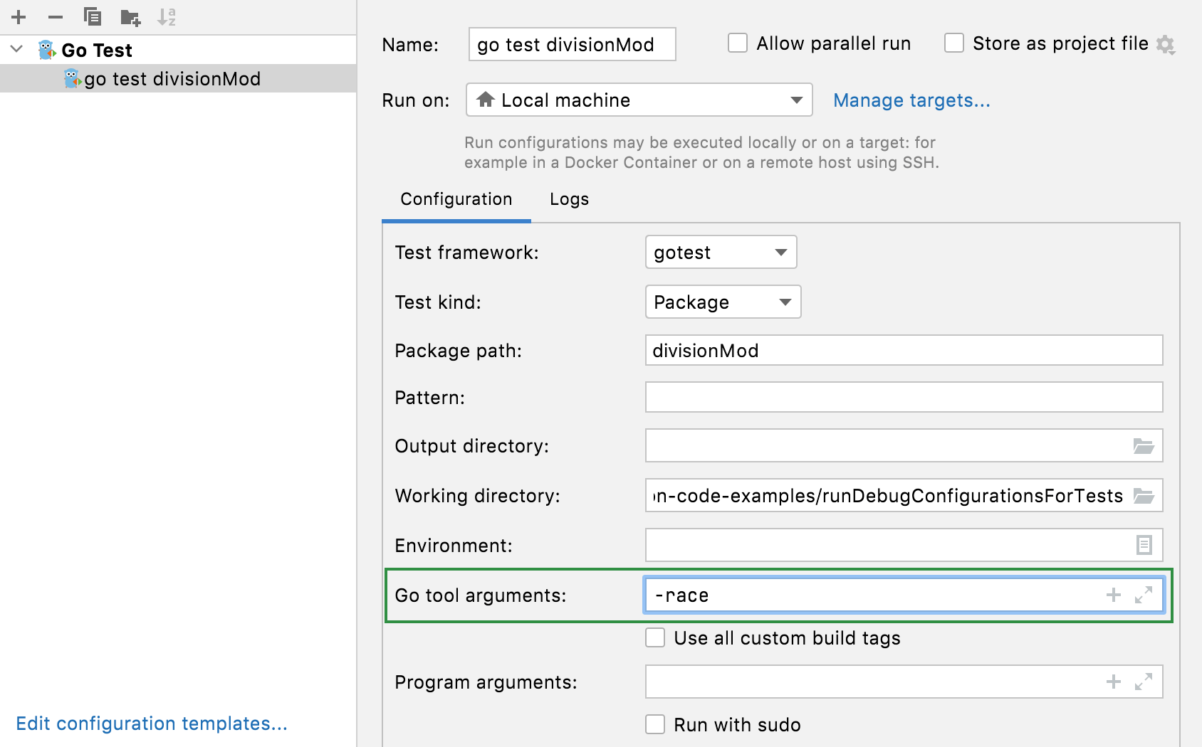 Run tests with test flags