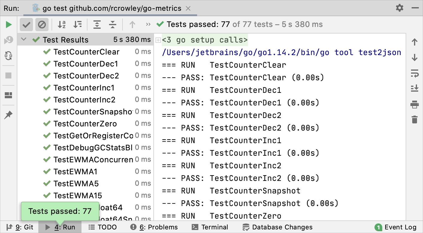 Test results shown on the Test Runner tab of the Run tool window