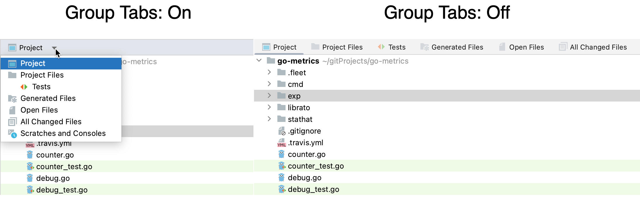 GoLand: choosing a view in the Project tool window