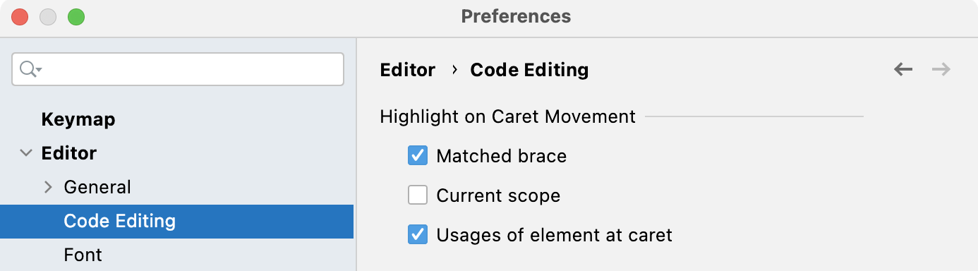 Highlight on Caret Movement settings