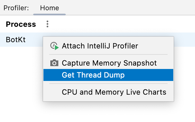 A menu opens on right-clicking a process in the Profiler tool window