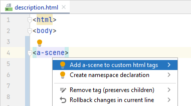 CLion: A quick-fix for unknown HTML tag