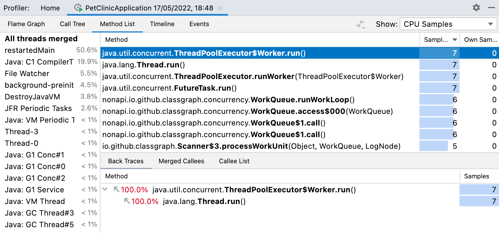 method list tab in the profiler results