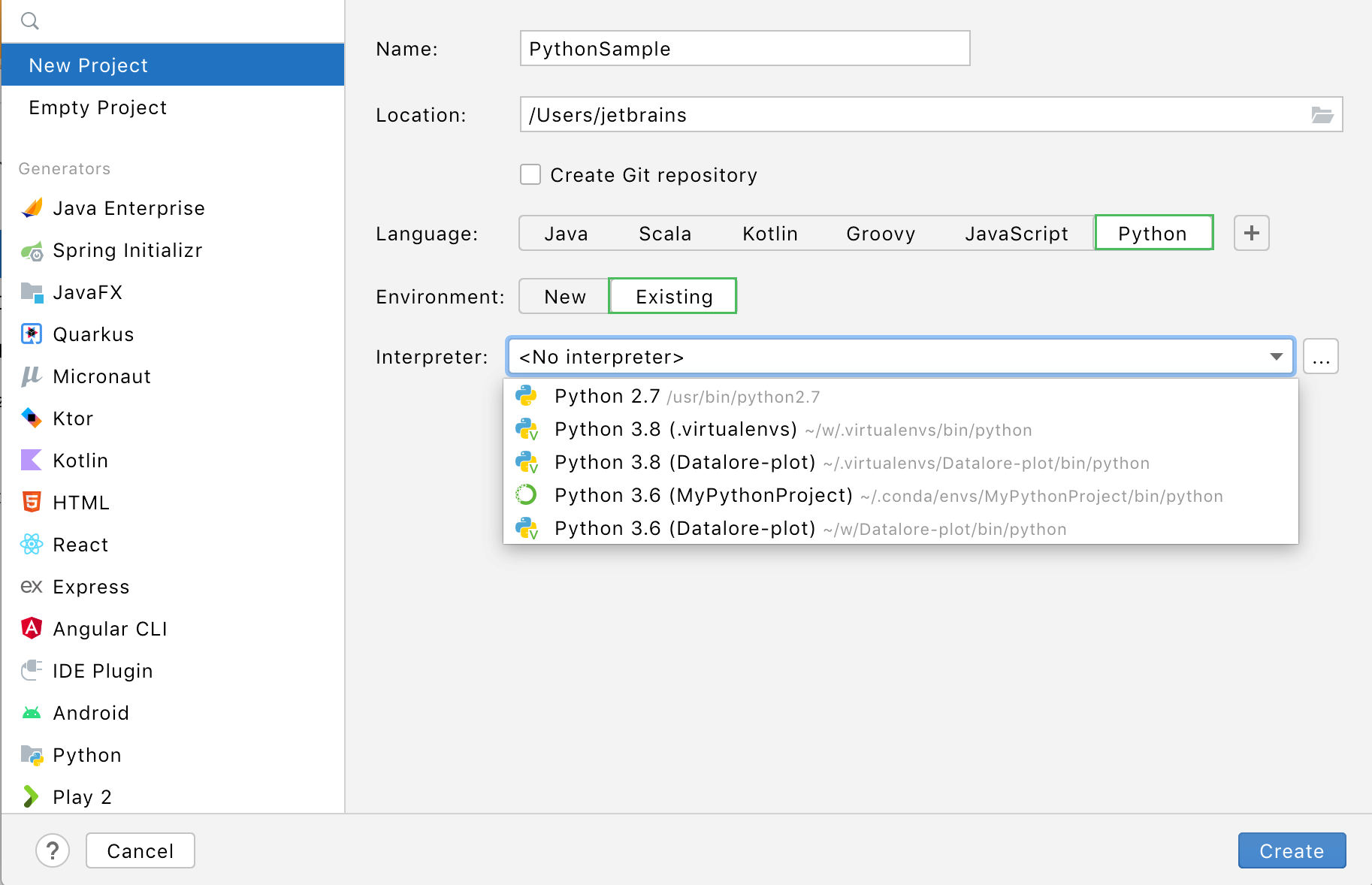 New Python project: existing interpreter